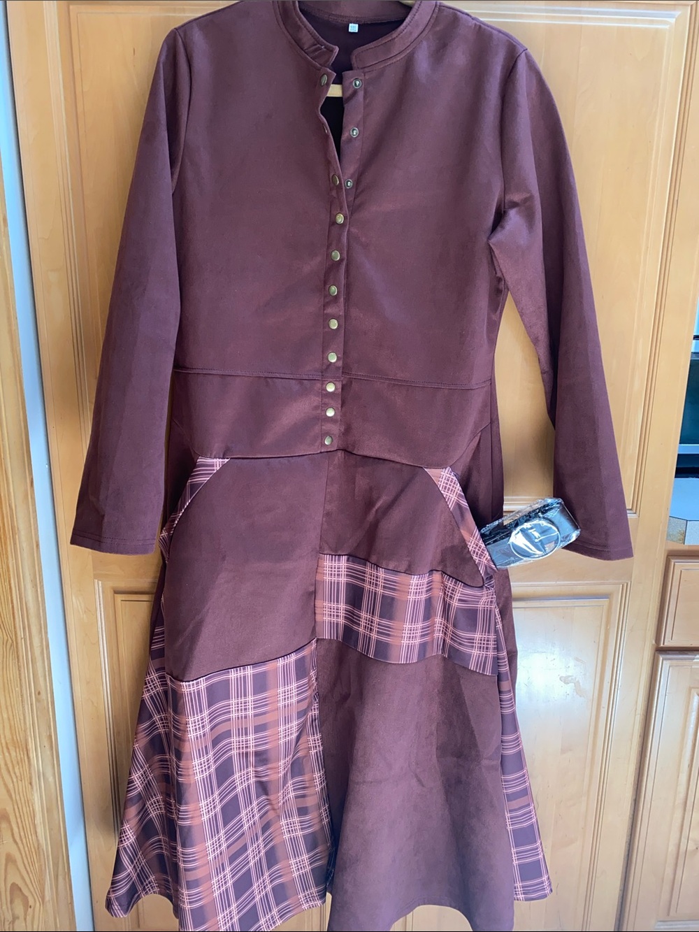 Womens 2XL Brown Patchwork Button-Front Dress with Plaid Panels